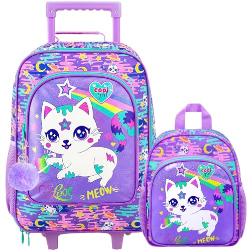 2Pcs Girls Suitcase Set, Kids Carry on Rolling Luggage with Wheels, Cat Travel Suitcases with Toddler Backpack(Pink)