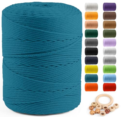 Image of ZUEXT Macrame Cord, Peacock Blue, 4mm x 547yds Cotton String Macrame Yarn | Natural Handmade, 4 Strands Twisted Cotton Rope, for Craft Wall Hanging Weaving Tapestry Dream Catchers Hanger DIY Gift, 500m