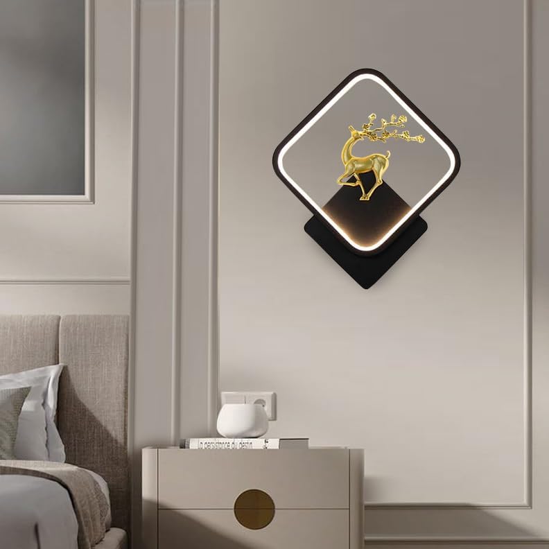 Image of Creative Golden Deer Indoor LED Wall Lamp for Living Room & Bedroom, Square Decorative Wall Light with 3 Color Lighting (Yellow, White & Natural White) for Home & Cafe (A8 LED Deer WALL)