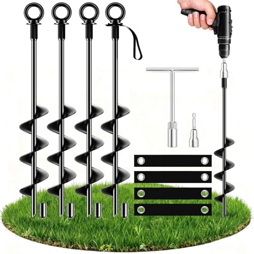 Ground Anchors Heavy Duty Tent Stakes 18 Inch Swing Set Anchors Kit Screw in Fully Welded Spiral Earth Anchors Trampoline Stakes High Wind Metal for Shed Tent Carports Securing Animals Camping 4Pcs