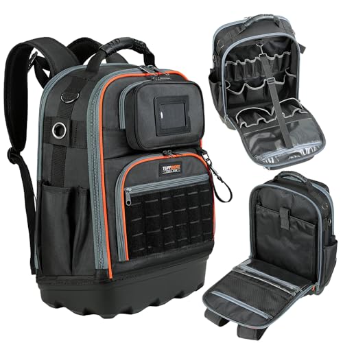 TUFFWORX Tool Backpack, 34 Pockets, 18.5 x 13.7 x 7.8 Inches, Black and Orange, Water-Repellent