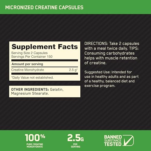 optimum nutrition micronized creatine monohydrate capsules keto friendly 2500mg 300 capsules packaging may vary