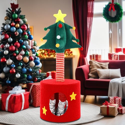 Image of Christmas Cat Tree Tower with Sisal Scratching Post Scratcher | Gift Box, Christmas Cat House, Condo Bed, 33 Inch, Indoor Kittens to Play and Sleep, Xmas Holiday Decoration