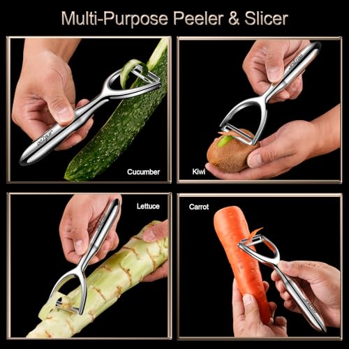JINGTOO Premium Vegetable Peeler Stainless Steel?Ultra Sharp Potato Peeler, Swivel Blade Fruit Veggie Peeler for Kitchen, Apple Carrot Y Peelers Ergonomic Non-Slip Handle - 5 Years Warranty (Serrated)