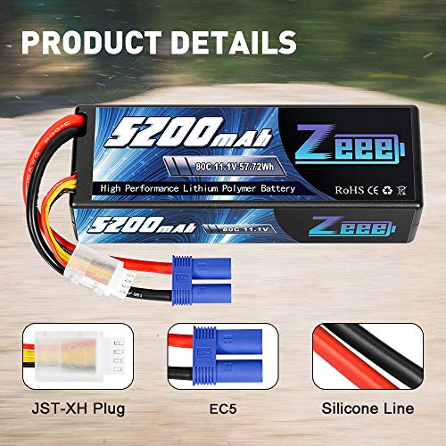 Zeee 11.1V 80C 5200Mah 3S Lipo Battery With Ec5 Connector Hardcase Battery For Rc Car Boat Truck Helicopter Airplane Racing Models(2 Packs) #TOP2