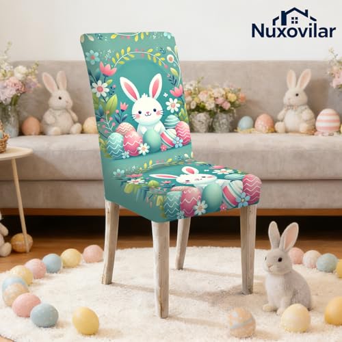 Image of Nuxovilar 4PCS Pastel Bunny Print Milk Silk Soft Chair Slipcovers | Stretch Slipcover Gentle Protector Bunny Wrap Seat Guard Dining Room Family Kitchen Kids Playroom (Pastel Bunny)