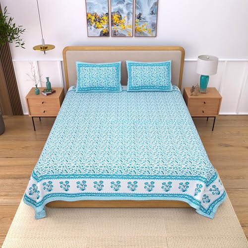 Image of India 100% Pure Cotton Jaipuri Printed Double Bedsheet with 2 Pillow Covers | Traditional Sanganeri Floral Design | Soft Breathable Fabric | King Size Bedsheet for Bedroom (Kaya31)