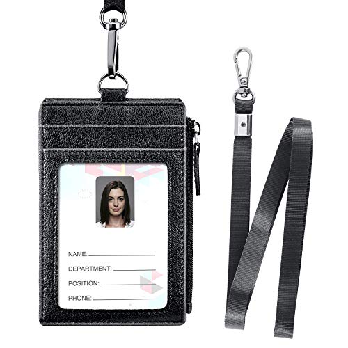 Badge Holder with Zipper, Sukuos Upgraded PU Leather ID Card Holder with 5 Slots, 1 Secure Cover and 20 inch Woven Lanyards for ID Badges, School ID, Drivers License, Debit Card