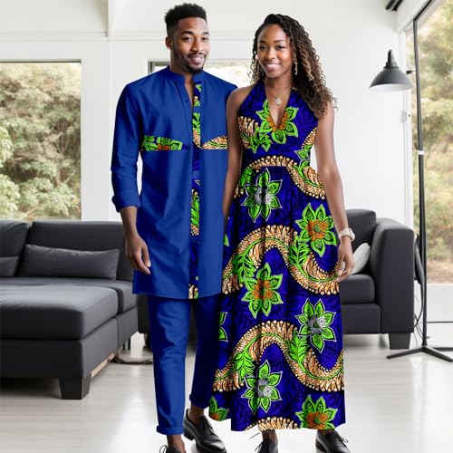 Africa Couples Men's Short Sleeve Top Pants Women's Patchwork Dress Ankara Fabric Chest Split Neckline2