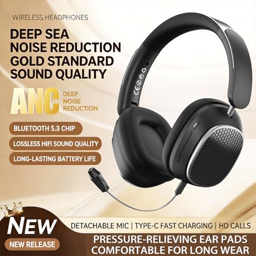 Image of Wireless Bluetooth Headphones with Active Noise Cancelling (Up to 48dB),60H Playtime,Hi-Res Audio,40mm Drivers,Spatial Sound,Foldable,Detachable Mic(Wired /Wireless Use),M12 Black.