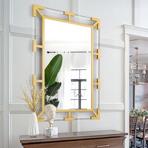 Image of Chende Gold Wall Mirror for Decor with Clear Acrylic and Metal Frame | 26 inch x 38 inch Large Bathroom Mirror, Horizontal /Vertical Wall Decor for Dining Room, Bedroom, Hallway, Fireplace