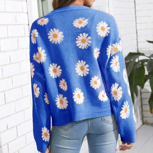 Image of Women's Long Sleeve Cardigan Sweater,Cute Y2K Top Knit Colorful Patterned V Neck Button Outwear S~XL