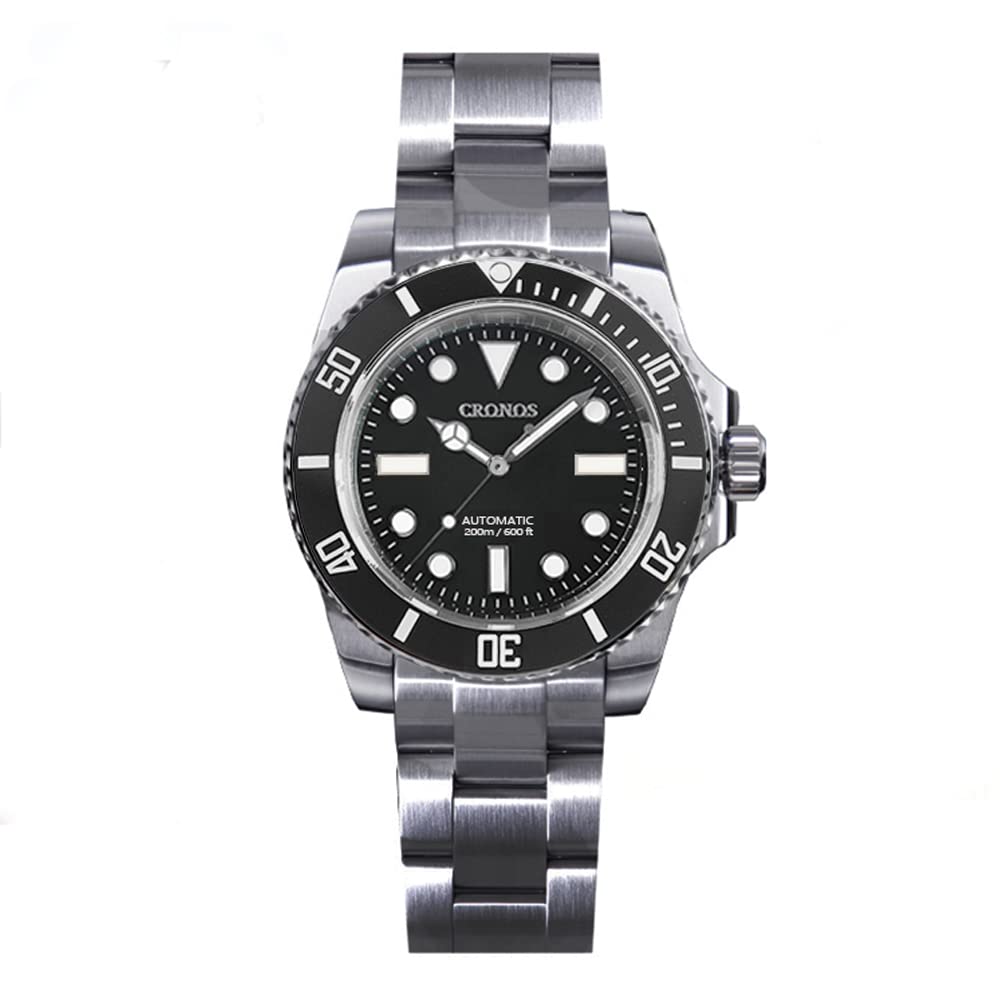 Cronos Upgrade Diver Luxury Men Watches Stainless Steel PT5000 Bracelet Ceramic Rotating Bezel 200 Meters Water Resistant Glide Lock Clasp, black, Diver