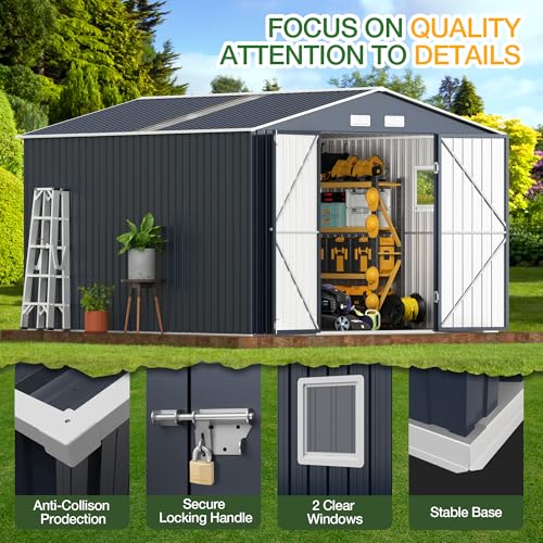 Image of Breezz 10x12 FT Outdoor Storage Shed with Skylight Roof Panels, Metal Garden Tool Shed with Lockable Doors and Windows, Large Utility Shed for Patio Backyard Storage, Night Blue