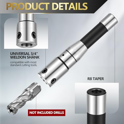 Image of Annular Cutter Arbor Adapter, R8 to 3 /4 inch Weldon Shank Compatible with Bridgeport Milling Machine, Hardened Steel, High Precision CNC Machined, 7 /16 inch-20 Drawbar Compatible(Standard)