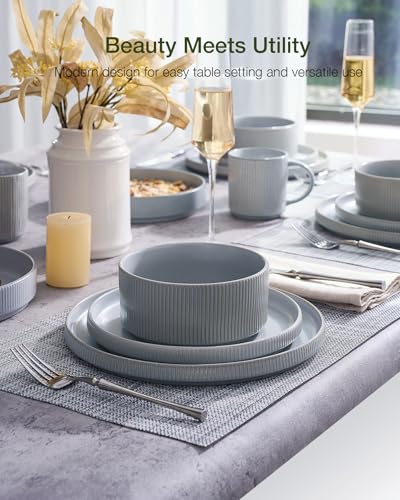 Image of Famiware Star 18-Piece Reactive Glaze Plates and Bowls Sets, Service for 6 - Stoneware Dinnerware with Trim, Modern Rustic Dishes, Chip & Scratch Resistant, Microwave & Dishwasher Safe, Matte Gray