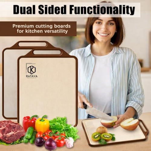 Image of Double Sided Stainless Steel Cutting Board for Kitchen, Stainless Steel & Wheat Straw Chopping Board with Juice Groove, Non-Slip, BPA Free, Dishwasher Safe for Meat, Fruits & Vegetables (Brown)