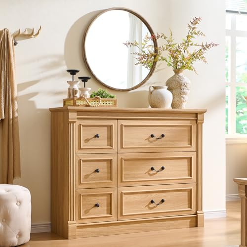 Image of Farmhouse 6 Drawers Dresser for Bedroom, 48 inch Wide Large Dressers & Chests of Drawers w /Roman Column, Storage Dressers Organizer for Bedroom, Hallway, Living Room, Natrual