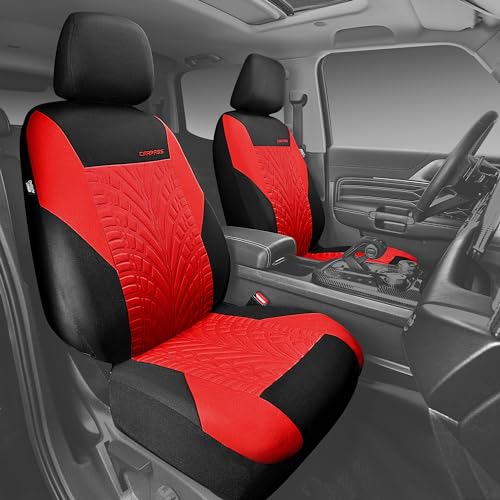 Image of CAR PASS Car Seat Covers Full Sets, Front & Split Rear Bench for Car, 3D Tyre Embossed Automotive Interior Covers, Airbag Compatible, Quick Setup Universal Fit Seat Covers for Car, SUV(Black Red)