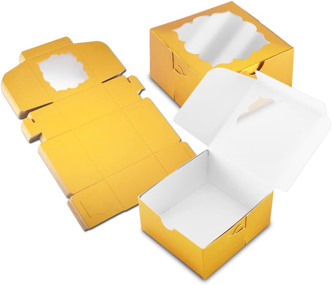 NPLUX 50pcs Cookie Boxes with Window Bakery Boxes Small Treat Boxes Mini Pie Boxes Pastry Boxes 4x4x2.5(Gold)