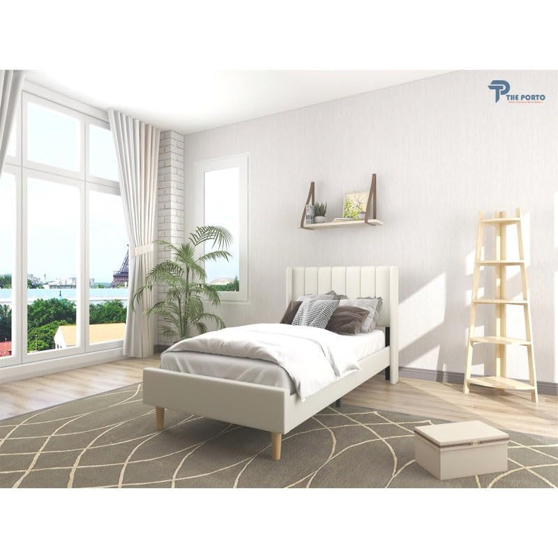 Image of Solid Wood Upholstered Single Bed for Bedroom Without Storage | Premium Fabric with Wingback Headboard | Wooden Single Bed Palang for Home | Stylish Single Cot Bed | 6 x 4 Ft, Cream