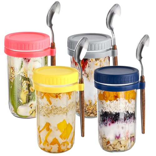 MAOOY 4Stück 600mlGlas Müslibecher to go mit Deckel und Löffel Einmachgläser,Joghurtbecher to...