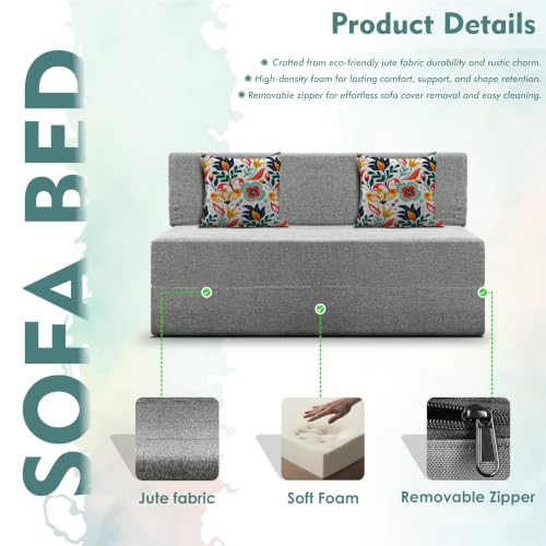 Image of Los Angeles Foldable Two Seater Sofa Cum Bed, Sofa Bed 4 X 6 Feet Jute Fabric Washable Cover- Including Cushion Perfect for Living Room - Grey