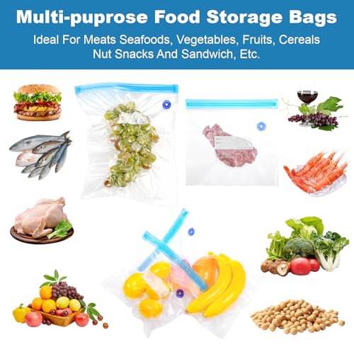 Image of 60 Pack Reusable Sous Vide Bags Vacuum Sealer for Food with 10 Sealing Clips, 4 Sizes BPA-Free Vacuum Zipper Storage Freezer Bags with Air Valve, Double Layers Leak Proof Design for Food Storage
