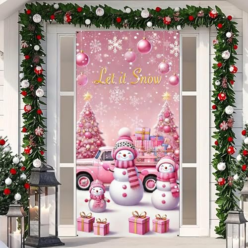 Image of BlissYard Pink Snowman Christmas Door Cover 35x71 Inch Snow Door Banner, Pink Holiday Door Decoration for Front Door, Indoor Outdoor Winter Christmas Backdrop Photography Party Decor