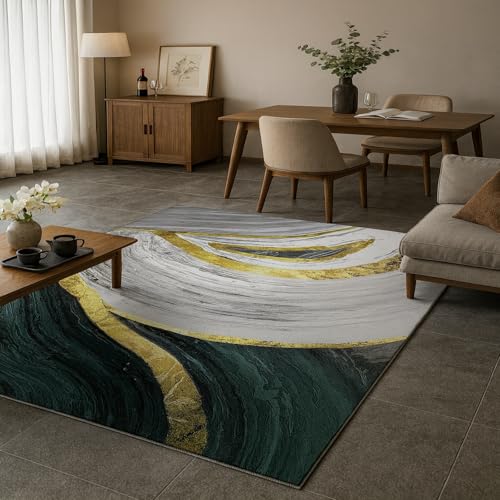 Tapis salon 160x230cm vert abstrait moderne lavable et antidérapant Rururug