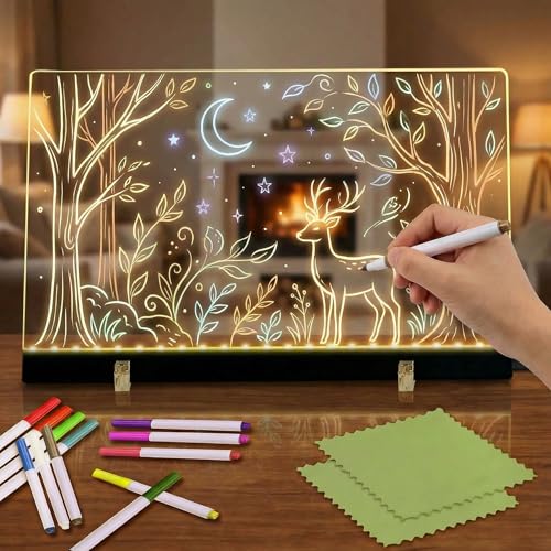 Tablette Lumineuse de Dessin RGB 30×20 cm – Tableau Lumineux Enfant en Acrylique avec 23 LED, 12 Feutres Néon, 2 Chiffons, Supports & Câble USB-C, Réutilisable...