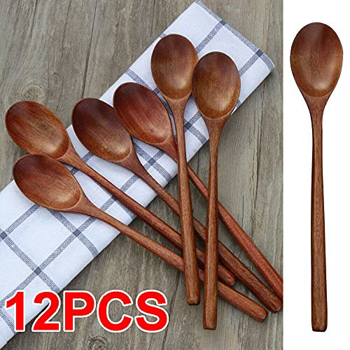 Image of TEAMWILL Wooden Spoons, 12 Pieces 9 Inch Wood Soup Spoons for Eating Mixing Stirring, Long Handle Spoon with Japanese Style Kitchen Utensil
