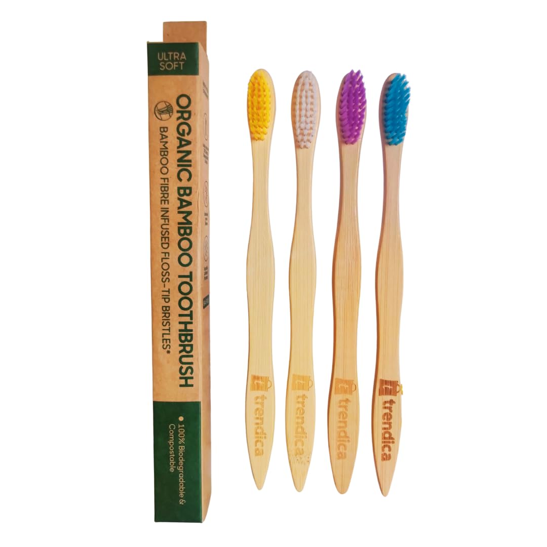 Trendica Bamboo Toothbrush for Adult | Bamboo Vegan color Infused Ultra soft Bristles Toothbrush | Multiple color Bristles Bamboo Toothbrush Pack of 4 (B0CRHSZW3Y) Amazon Price History, Amazon Price Tracker