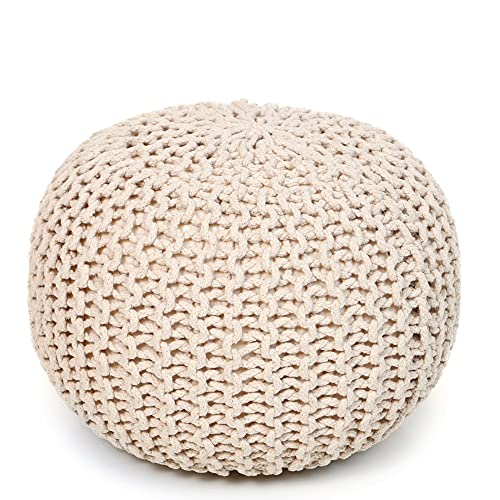 REDEARTH Round Pouf Ottoman –18'x18'x14' Hand-Knitted Cotton Pouffe –Cable Footstool –Boho Dori Hassock –Pre-Stuffed Poof – Extra Seat -Poofy Footrest for Living Room, Bedroom, Nursery, Nook –Ivory