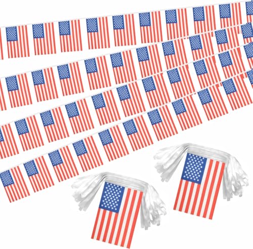 Image of 2 Pack American Flag Banner String Small Mini 66 Feet 60 Pcs USA Hanging Flags Memorial Day Veterans Day 4th of July Decoration