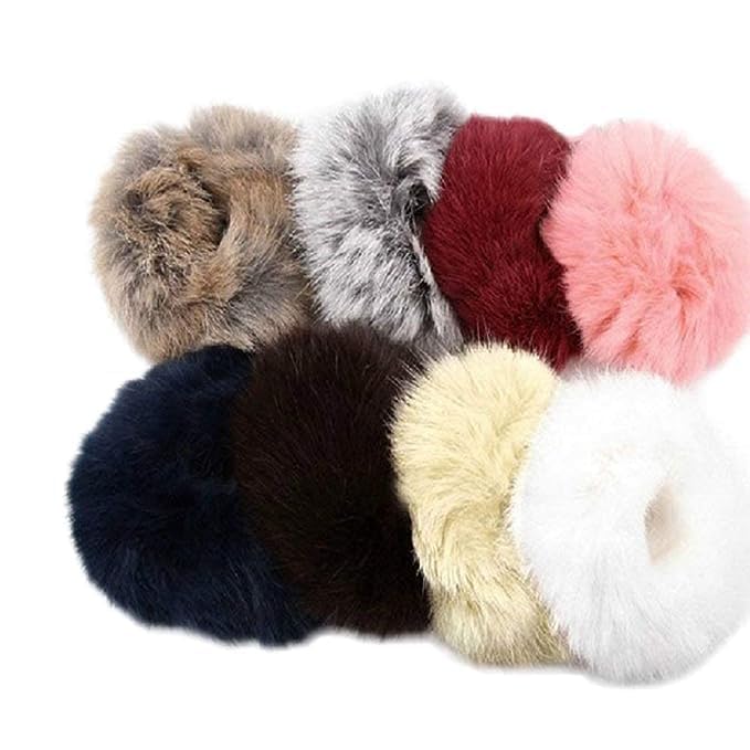 GIRLYZ ATTIRE Hair Scrunchies Rabbit faux Fur Fluffy Elastic Rubber Ponytail Holder Bands Pompom Ball Scrunchies for Girls/kids and Women (Pack of 3)