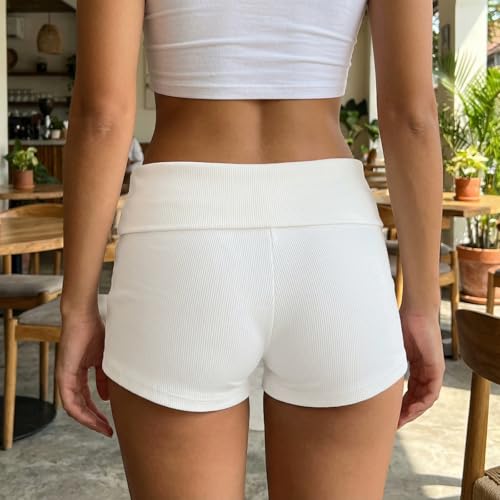 Image of KMBANGI Womens Fold Over Shorts Elastic Waist Y2k Lounge Shorts Foldover Cute Pajama Micro Bottoms Mini Shorts Sleepwear