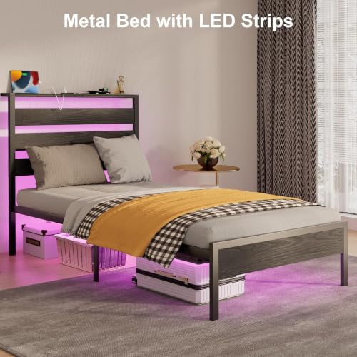 Image of J.Fkne Twin Bed Frame with Headboard, Platform Bed with LED & Charging Station, Heavy Duty Metal Slats, No Box Spring Needed, Noise Free, Easy Assembly, Black