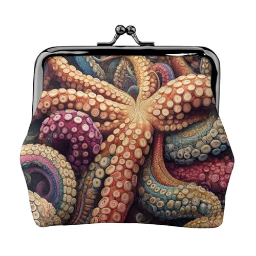 Pu Leather Buckle Coin Purse Colorful-Inkfish-Tentacles Girls Kiss-Lock Change Purse Wallets