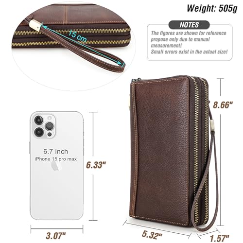 Image of Top Grain Genuine Leather Zipper Clutch Wristlet Wallet for Man & Woman, Handmade, Multi Slots & Pockets & Combination Lock, RFID Large Capacity for Cards /Checks /Passports /Phone /Pen /AirTag, Red Coffee