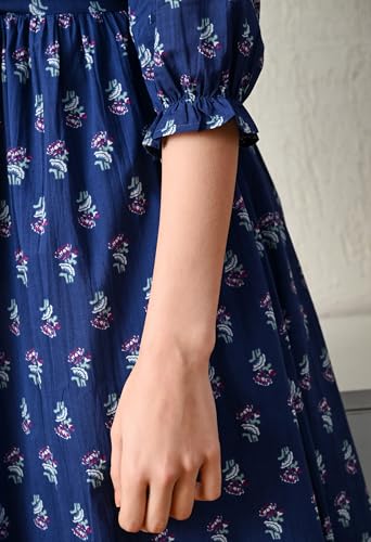 Image of Ichaa Women's Blue Cotton Printed Maternity Dress with Feeding Zips and Pocket| in Plus Sizes