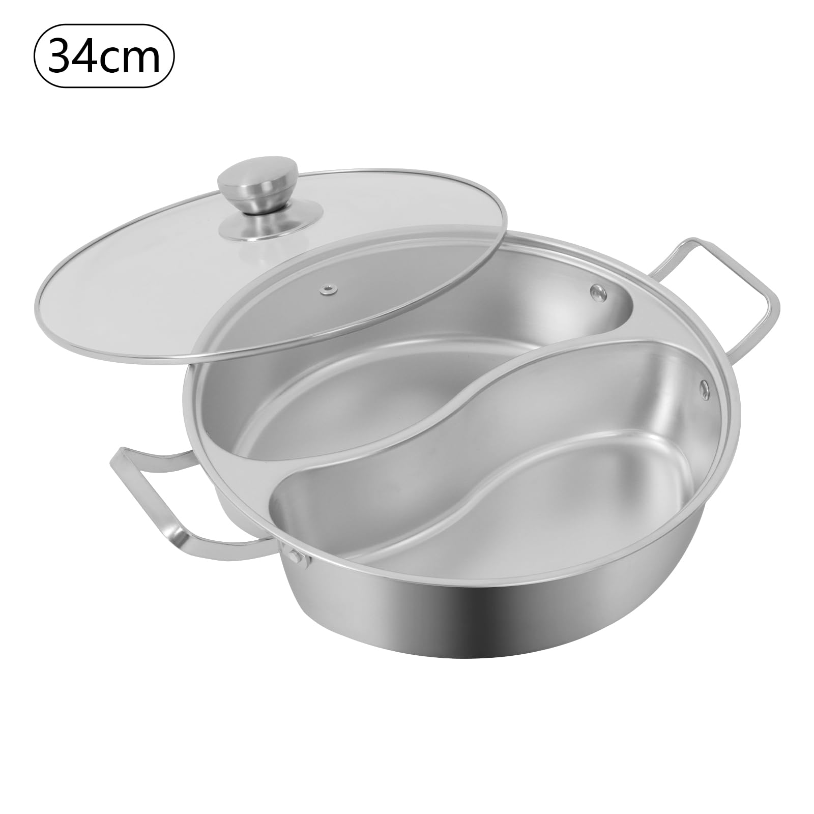 Double-flavor Hot Pot, 13.4inch Modern Style H-ot P-ot with Divider, Ho-t Po-t with Clear Lid (7L/1.85Gal), Silver