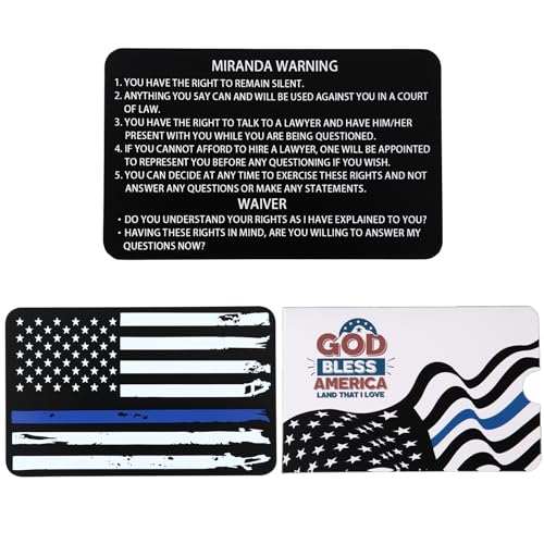 Thick Metal Miranda Warning Card with Sleeve, SFST Bend-Resistant Black Miranda Rights Cards, Thin Blue Line American Flag Design for Law Enforcement Police Accessories Gear Duty Gifts