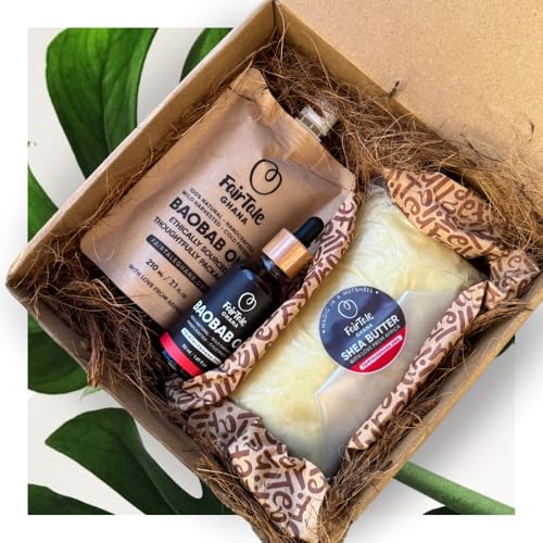 FairTale GHANA Manteca de karité africana cruda 16 oz/450 g + aceite de baobab 210 ml / 7,1 fl oz juego
