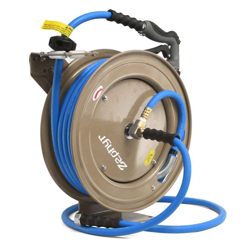 Image of Zephyr Auto-Retractable Garden Hose Reel | Heavy-Duty | Made in India | w / 3 /4in x 50ft Zephyr Hose and HD Spray Gun - Beige