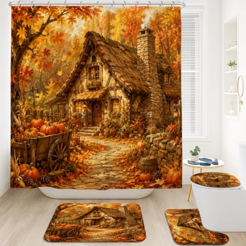 Ensemble de rideaux de douche rustiques orange 183x183 avec tapis - 3
