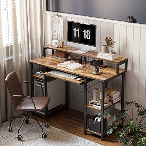 Cubicubi 47 Inch Computer Desk With Storage Shelves Monitor Stand Keyboard Tray, Home Office Desk, Study Writing Table, Brown #TOP1