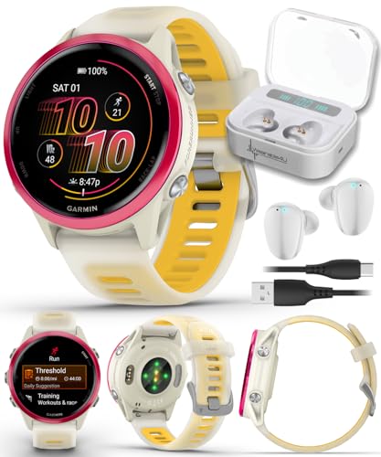 Image of Garmin Forerunner 570 42mm Advanced GPS Running & Triathlon Smartwatch AMOLED Display Training & Recovery Features, Raspberry Aluminum w /Translucent Bone /Mango Band w / Wearable4U White Earbuds Bundle