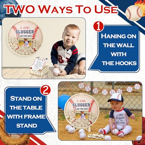 Image of Wenqik 63 Pcs Baseball a Little Slugger is on The Way Baby Shower Guest Book Alternatives Set Baby Shower Decorations with Photo Frame Sonogram Frame Keepsake 60 Wood Slices Guest Book for Birthday