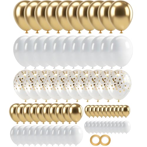 GUO-YING 80 Ballons de Fête en Or et Blanc Avec Confettis - 3 Tailles Différentes - Idéal pour les Fêtes d'Anniversaire, Mariage, Événements et...